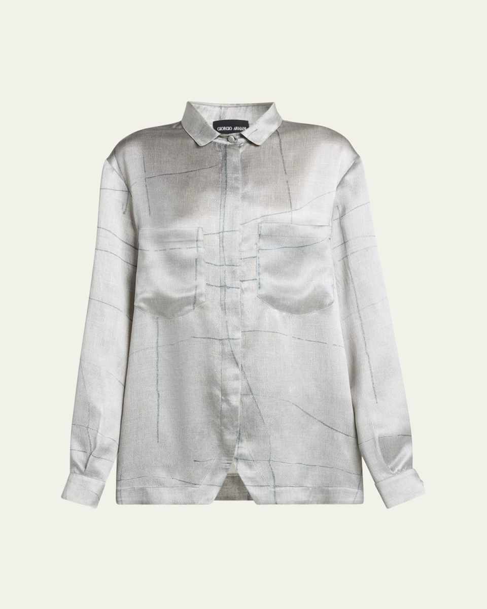 Check Satin Button Down Blouse